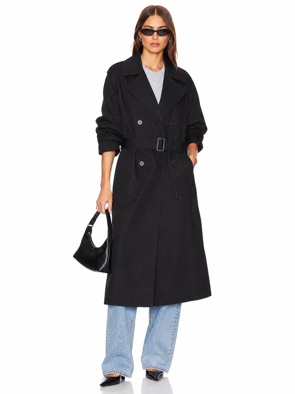Protocol Black Double Breasted Trench Coat Size Large 42–44 NWT
